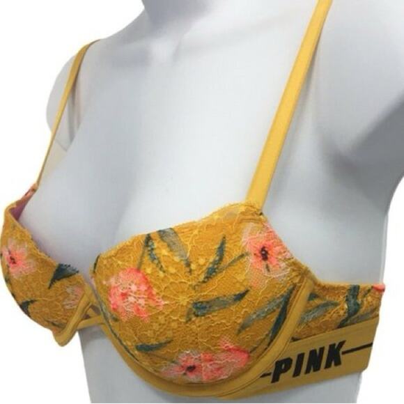 PINK Victoria's Secret Other - Victoria's Secret PINK Date Push Up Padded Yellow Floral Bra 34C